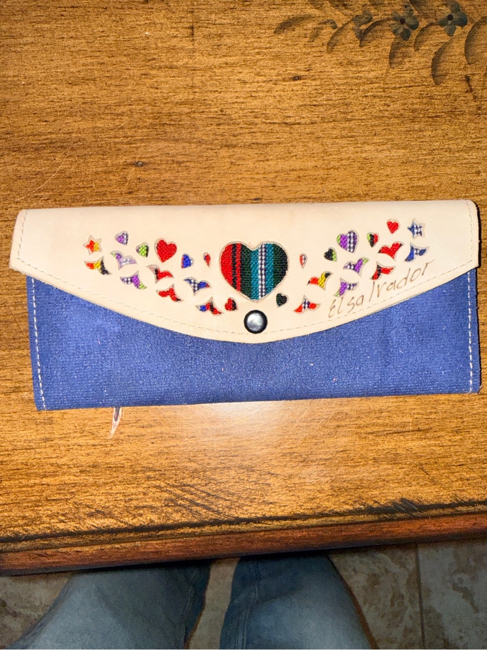 Blue Canvas and Cream Heart Embellished Wallet